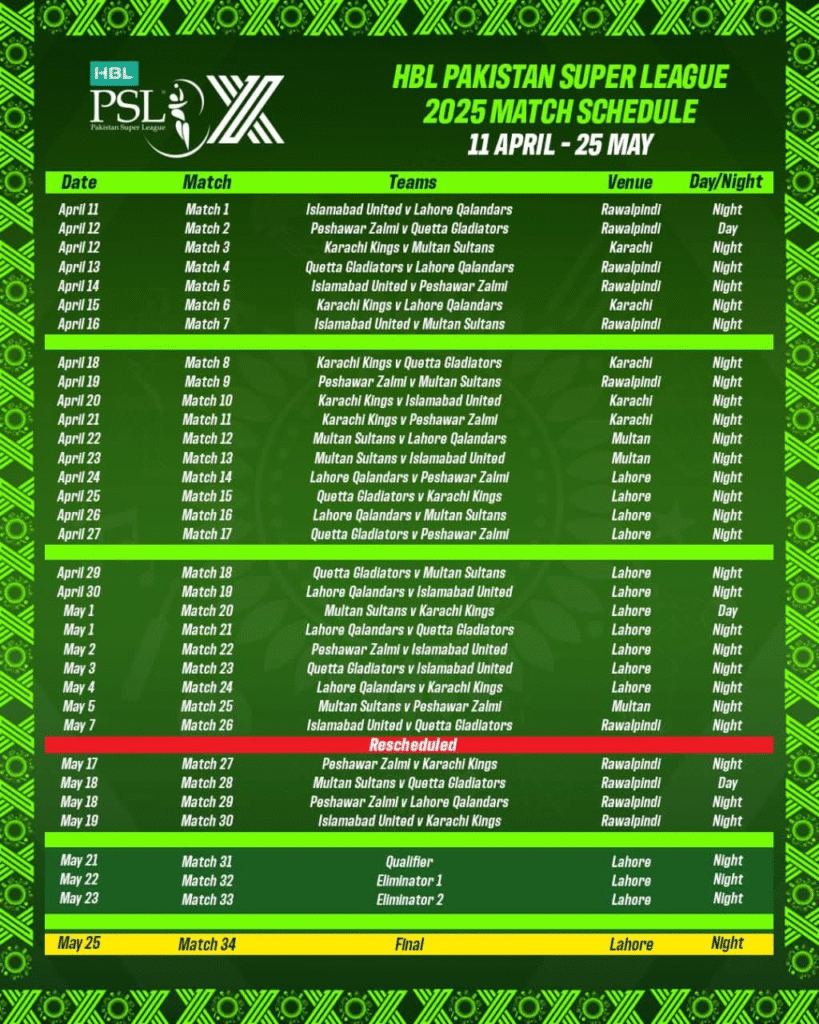 HBL PSL 2025 Match Schedule